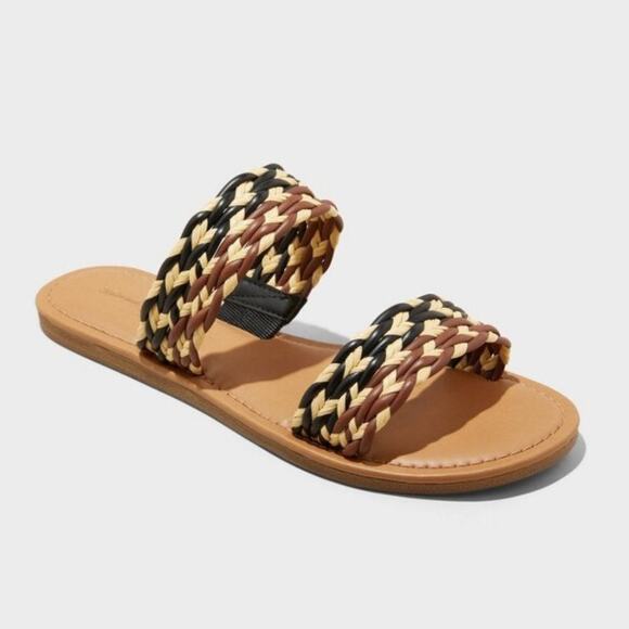 Universal Thread Women's Anita Wide Width Two-band Slide Sandals Tan Black 8.5 - Picture 1 of 7